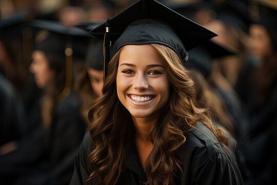 A smiling young woman dressed in a graduation cap and gown, proudly standing out from a crowd of graduates, capturing a moment of achievement and joyful culmination.