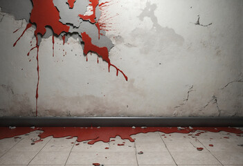 Creepy Halloween Themed Bloody Wall and Floor with Grungy and Broken Concrete Bricks, Symbolizing...