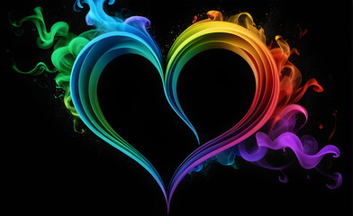 Heart-shaped rainbow smoke against the pitch-black background. Generative AI