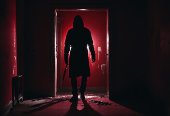Spooky figure holding a blade in a dimly lit, deserted structure. A chilling tale of a deranged individual.