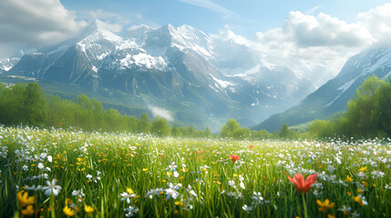Fototapeta premium Blooming flowers in meadow fields with snow mountains background. Early spring season