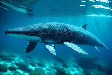 Witness the underwater symphony of a whale in motion, its massive form creating ripples of wonder through the ocean depths