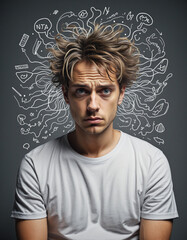 Illustration of a young man overwhelmed by turbulent thoughts and emotions. Possible mental health issues such as anxiety, depression, stress, and emotional exhaustion are depicted.