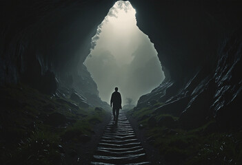A man walking through a dark valley toward the heavenly light trusting in God  Illustration - obrazy, fototapety, plakaty