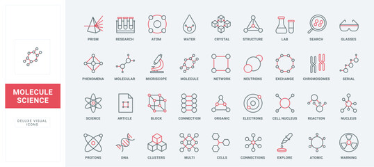 Fototapeta na wymiar Molecular structure in scientific physics and chemistry research line icons set. Model of molecule with chains and atoms network, particles thin black and red outline symbols, vector illustration