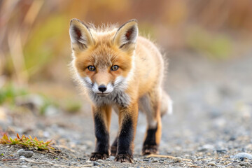Fototapeta premium A curious red fox pup, with its fluffy orange fur and bright eyes, investigates its surroundings