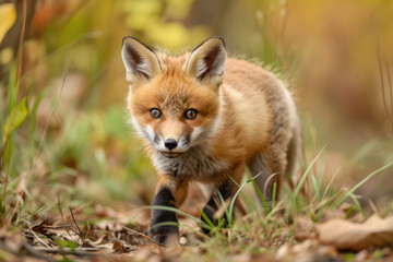 Naklejka na ściany i meble A curious red fox pup, with its fluffy orange fur and bright eyes, investigates its surroundings