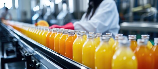 Female worker inspects bottled fruit juice on beverage factory conveyor belt for quality control. - obrazy, fototapety, plakaty