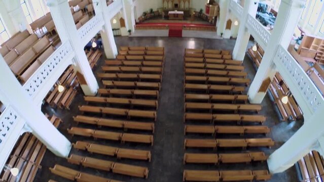 Rows of benches and sanctuary in Evangelical Lutheran Cathedral