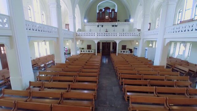Wooden benches and organ in Evangelical Lutheran Cathedral 