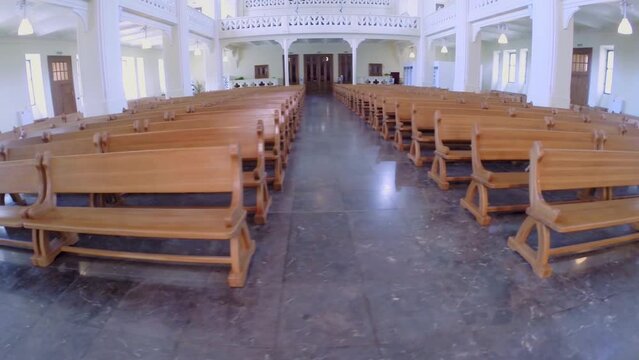 Wooden pews in main hall of Evangelical Lutheran Cathedral