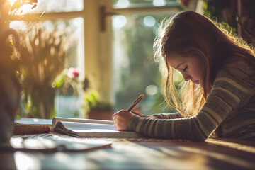 Child writing or journaling, expression of emotions, and sharing thoughts in a safe and supportive environment.