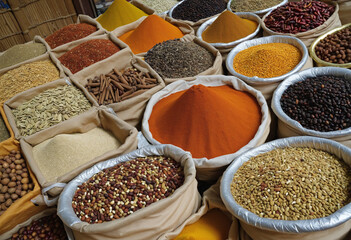 Indian market selling traditional spices and dried fruits.