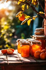 Persimmon jam in a jar. Selective focus.