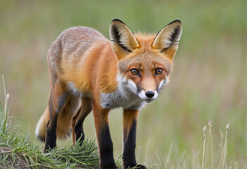 Fototapeta premium Young solitary fox exploring natural habitat