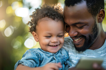 Fototapeta premium Close-up of a parent and child enjoying something on the smartphone.