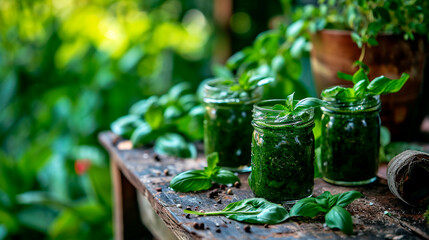 Basil pesto sauce in a jar. Selective focus.