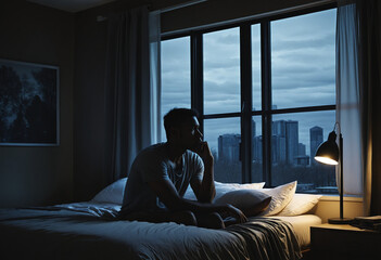 Despondent man coping with job loss and heartbreak, isolated in dark room by window with dim lighting, struggling with PTSD and depression. Focus on mental health and emotional distress. - obrazy, fototapety, plakaty