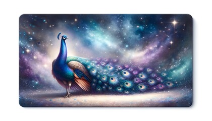 Watercolor illustration of peacock with magical galaxy background. - obrazy, fototapety, plakaty
