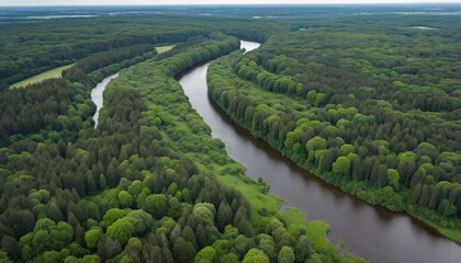 Aerial View of River and Lush Forest - obrazy, fototapety, plakaty