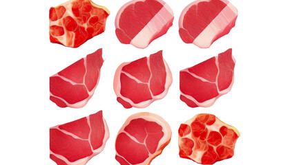 Upper view raw meat and fresh meat slices isolated on a white background