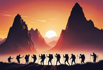 Sunset silhouette of a team helping each other ascend a mountain. Symbolizing teamwork, achievement, and reaching goals.