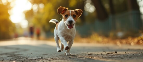 Determined puppy follows healthy routine, measures fitness, and participates in marathon eagerly. - obrazy, fototapety, plakaty