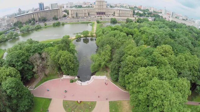 Cityscape with ponds in park Lefortovsky near Jauza river quay