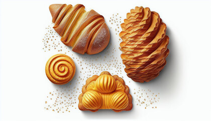 Pastries in the top view with croissants delicious dessert set apart against a white background