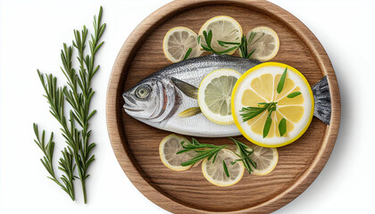 Top view of raw sea fish with tarragon and sea salt in a lemon bowl, isolated on a white background
