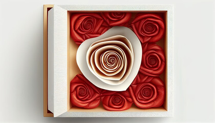 Valentine's Day gift box top view, isolated on a white background with a fragrance inside.