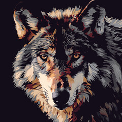 Abstract wolf in warm colors on a dark background.