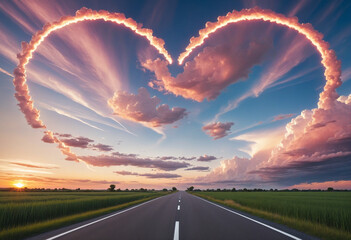 Heart-shaped sky. Path to love. - obrazy, fototapety, plakaty