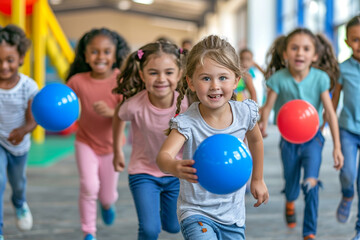 Joyful children in a vibrant AI-captured image, playing ball during a lively physical education class at an elementary school or daycare center. - obrazy, fototapety, plakaty