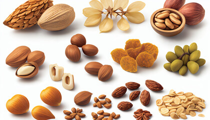 An isolated view of common allergens in nuts against a white background - obrazy, fototapety, plakaty