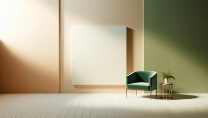 white color wall mock-up in warm tones, featuring a green armchair and minimal decoration