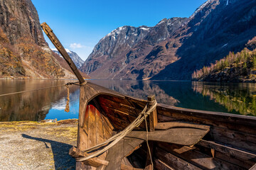 Viking boat on land at the Nearoy fjord in Gudvangen Norway