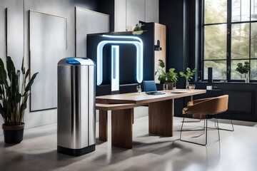 Envision the chic ambiance of a contemporary office interior, elevated by the presence of a sleek and modern water cooler