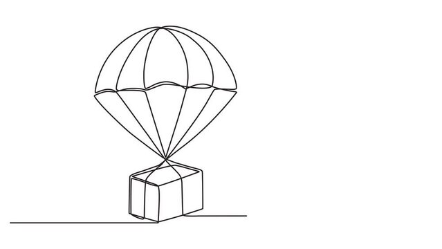 Continuous one line animation. Hand drawn animated motion graphic element of a parachute with cardboard jumping down from the air. Online shopping concept, fast delivery. 4k videos