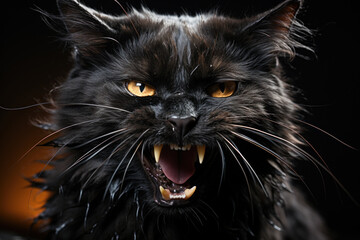 black cat aggressively hisses at the viewer, an angry look and dangerous fangs, unfriendliness - obrazy, fototapety, plakaty