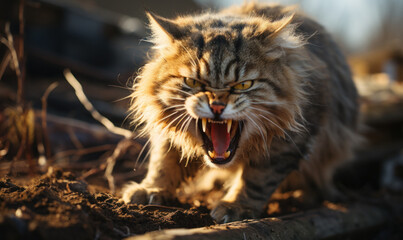 fluffy cat aggressively hisses at the viewer, an angry look and dangerous fangs, unfriendliness - obrazy, fototapety, plakaty