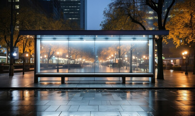 Empty transparent glass public transport stop on the street. Neon lights, bench under the roof