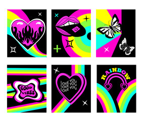 Y2K psychedelic acid rainbow poster. Modern art templates with words I love you. Valentines day retro emo posters in 2000s style.Vector illustration