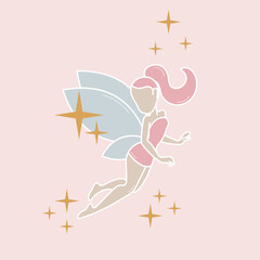 Y2k pink fairy. Silhouette of beautiful flying fairy. Gold stars, pink, pastel, colors. Magic, fantasy, Hand drawn, isolated.