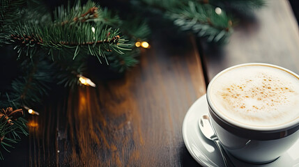 Christmas coffee cup with fir branches and copy space on background. Winter latte, hot drink. Cozy atmosphere. Christmas and New Year cappuccino coffee