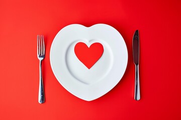 Heart-shaped White Plate with Table Knife and Fork on a Red Background