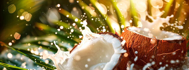 splash of broken coconut. Selective focus. - obrazy, fototapety, plakaty