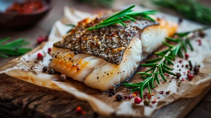 Fotobehang fried white fish on a plate. Selective focus. © Erik