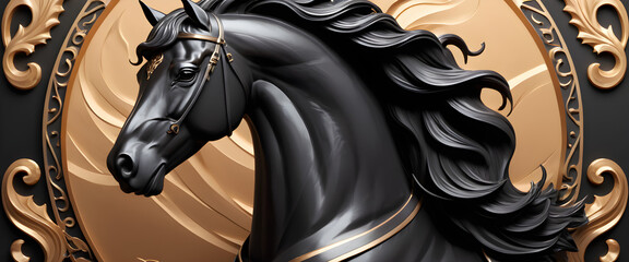 black Horse wallpaper with round bronze backdrop, close-up carving black horse, abstract horse head background