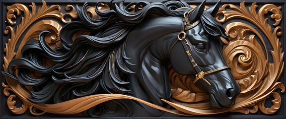 black Horse wallpaper, close-up carving black horse, abstract horse head background